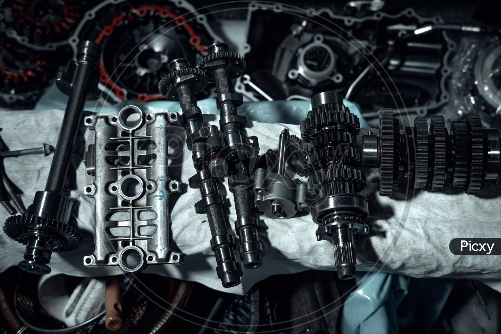Disassembled fast motorcycle engine with visible parts