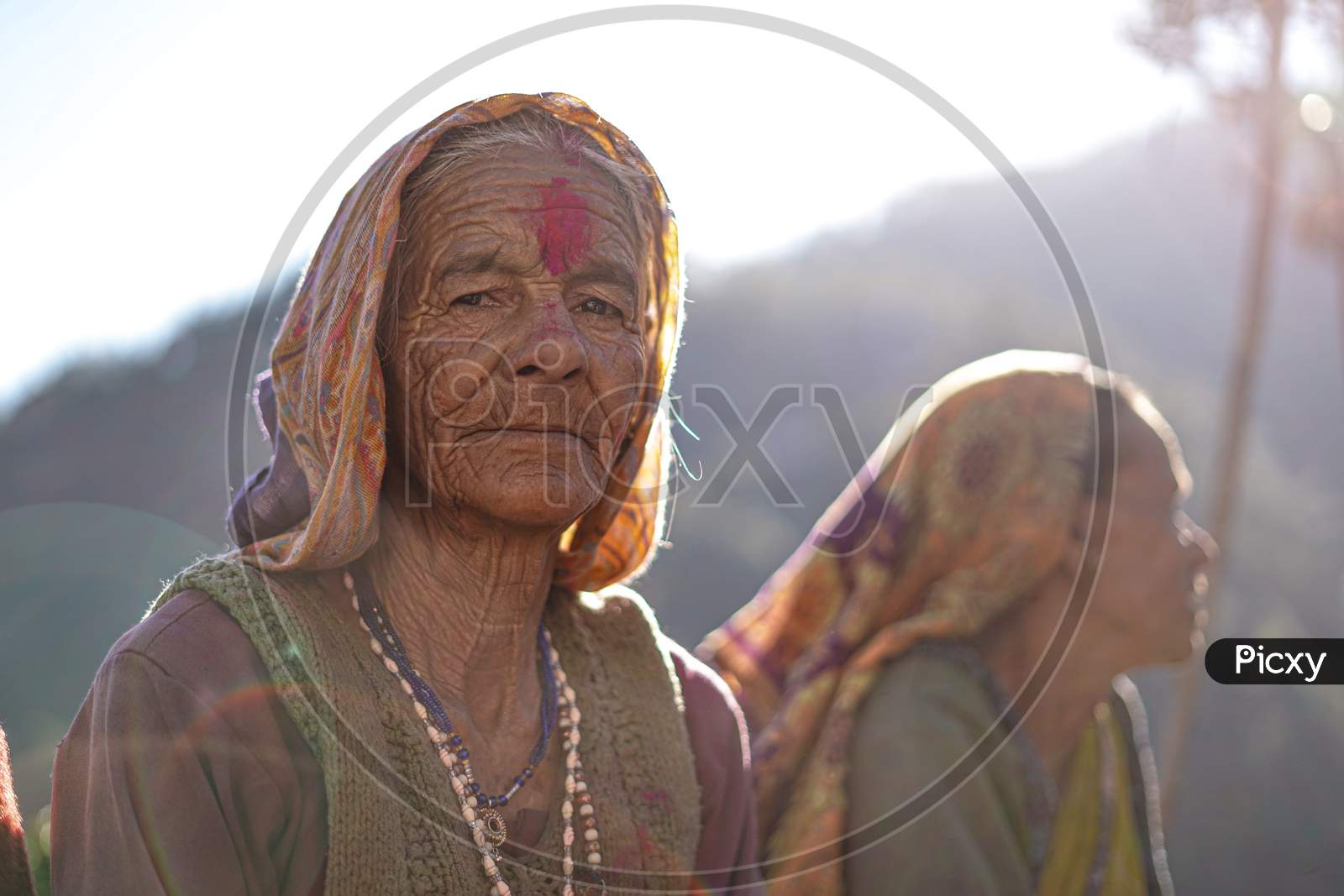 Almora, Uttrakhand / India- June 4 2020 : A Mid Portrait Or An Old Village Woman With Lots Of Wrinkles On Her Face Wearing Pink Blouse With A Sweater, Sitting In A Forest.