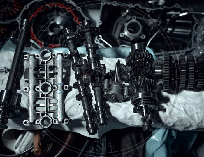 Disassembled fast motorcycle engine with visible parts