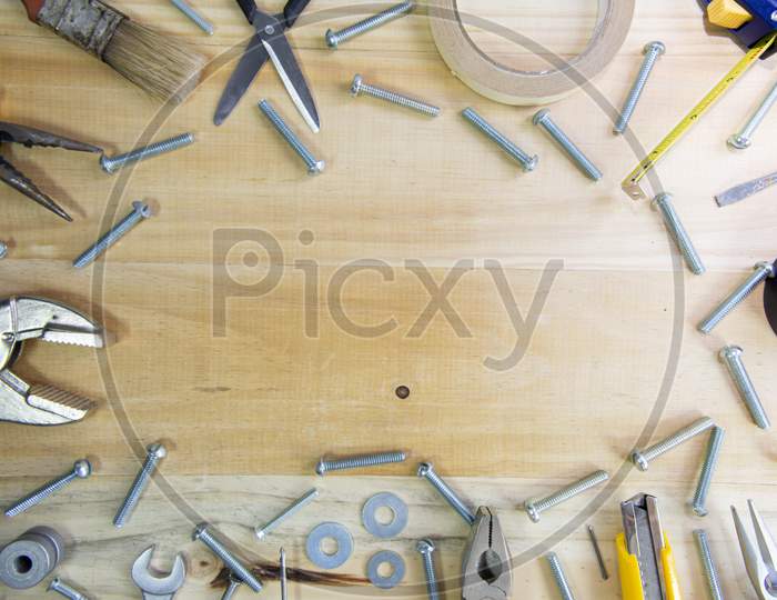 Construction Tools Framing Wooden Background Shot From Above. Top View, Flat Lay. Construction, Repair, Production And Diy Concept.