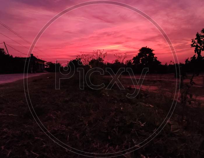 Beautiful Pink Sky View On Evening At Country Side Area