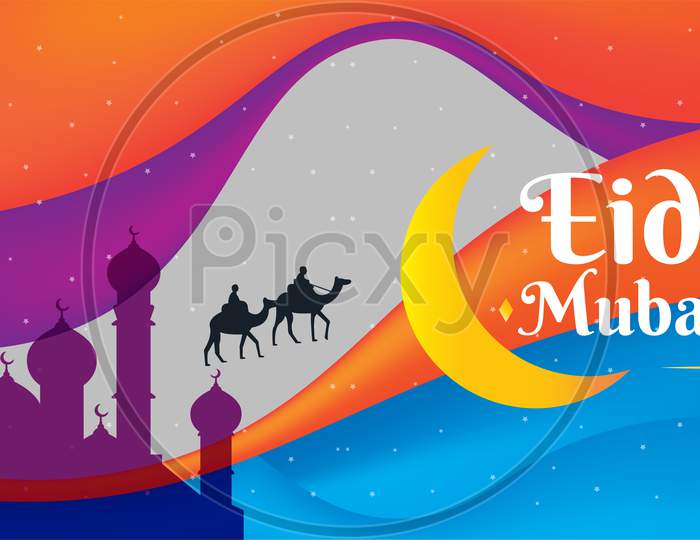 Eid Mubarak Colorful Greeting Wish Poster With Camels And Men, Illustration Vector