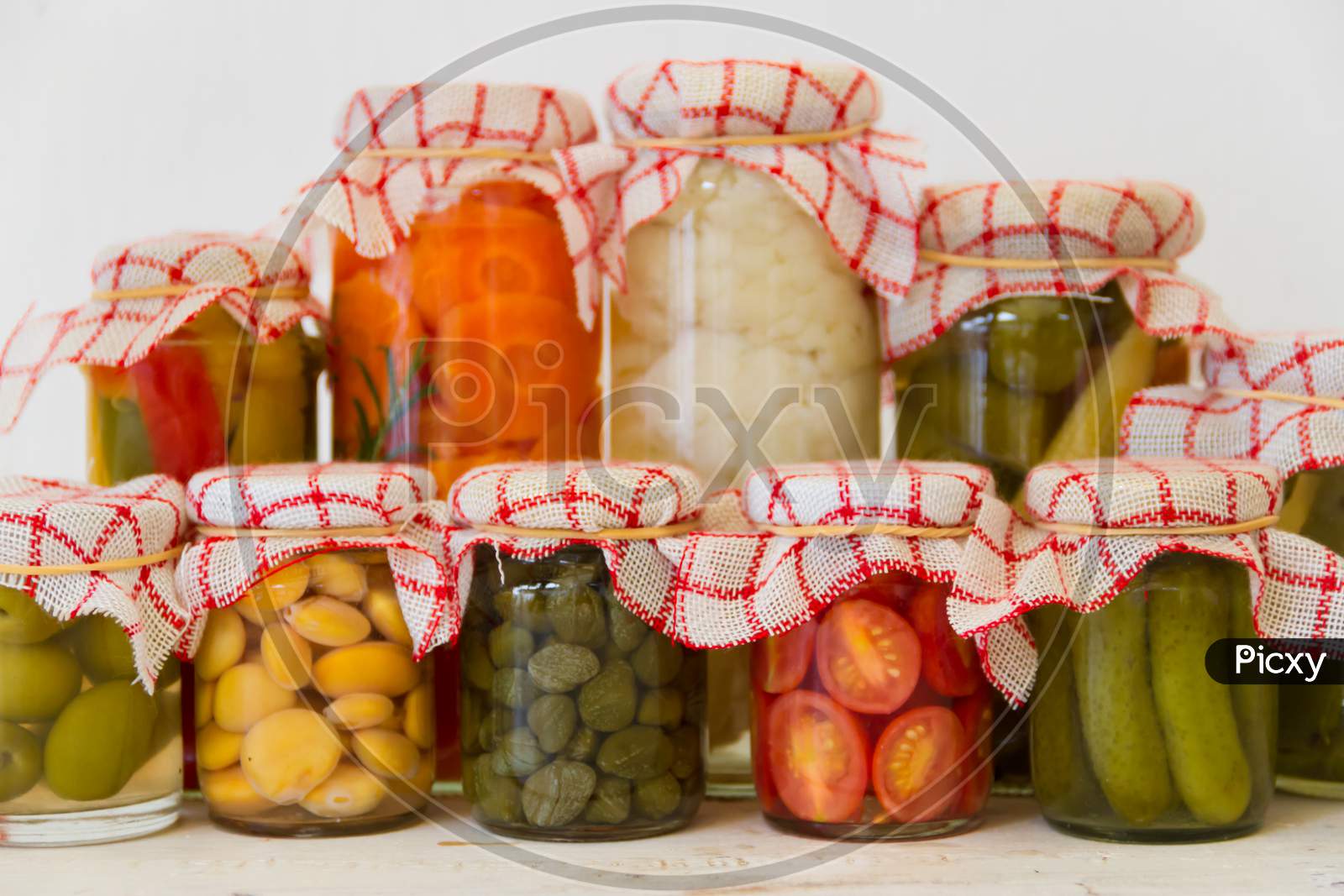 Variety Of Jars With Organic Vegetable Pickles