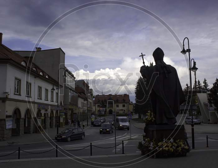 Rear View Of Pope In Basilica Of Our Lady Of Sorrows Church In A Small Country Side Town Named Limanowa Located In South Poland