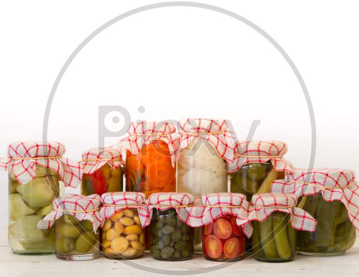 Variety Of Jars With Organic Vegetable Pickles