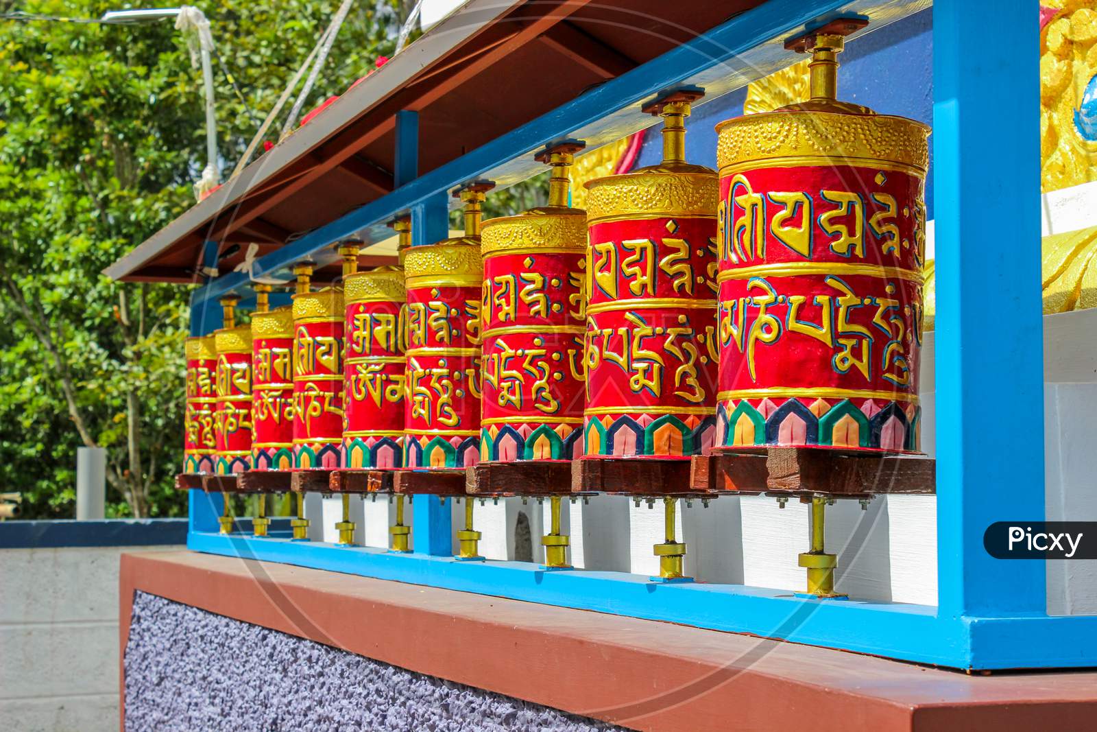 Tibetan Prayer wheels at Bylakuppe in Karnataka/India.