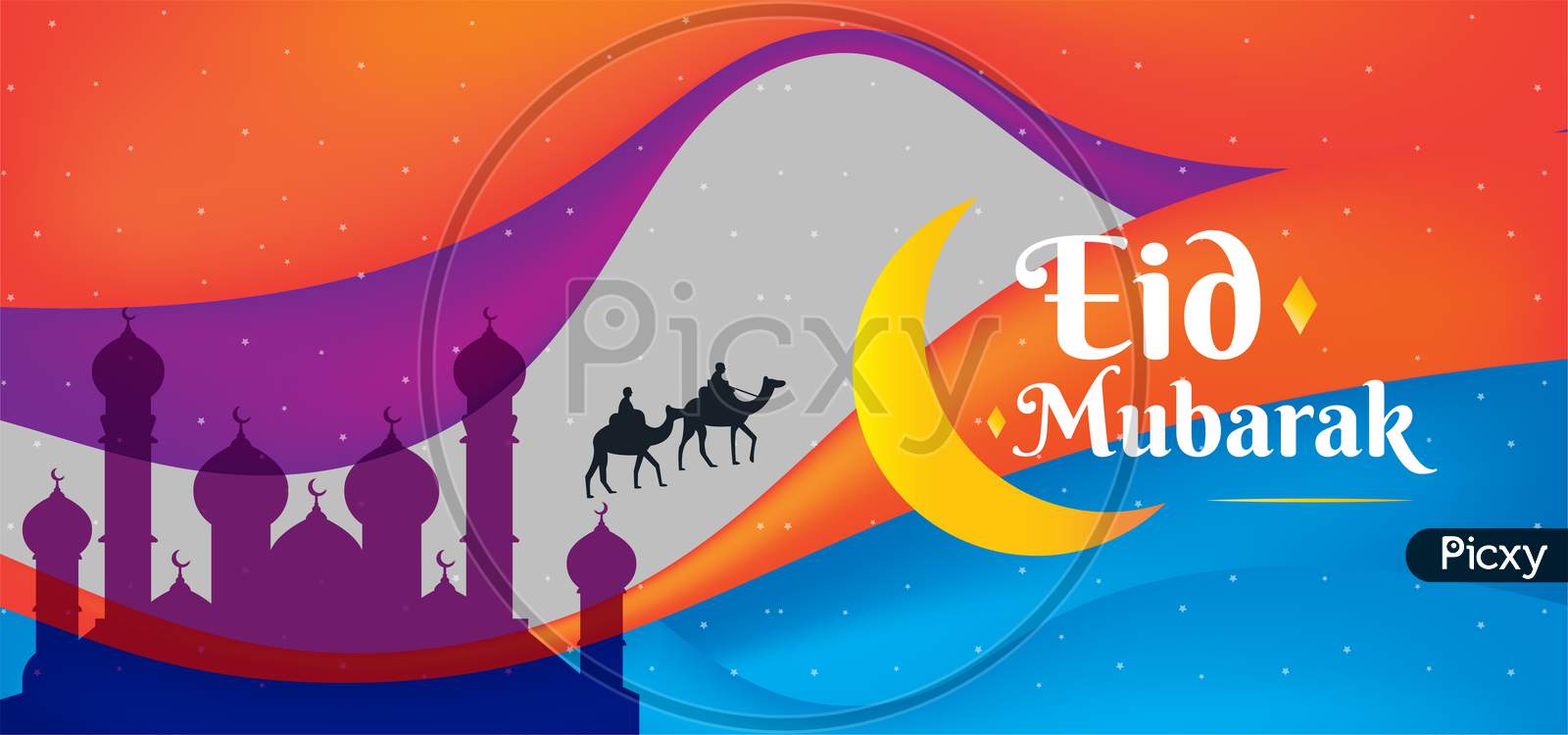 Eid Mubarak Colorful Greeting Wish Poster With Camels And Men, Illustration Vector