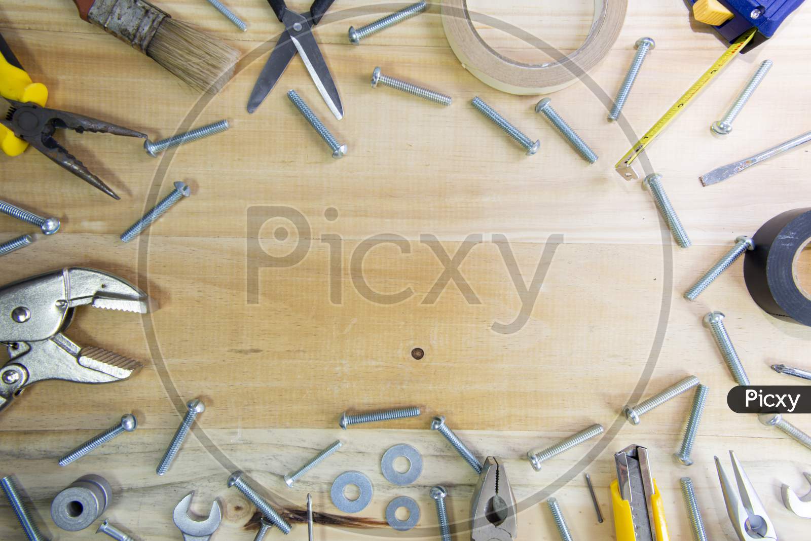 Construction Tools Framing Wooden Background Shot From Above. Top View, Flat Lay. Construction, Repair, Production And Diy Concept.