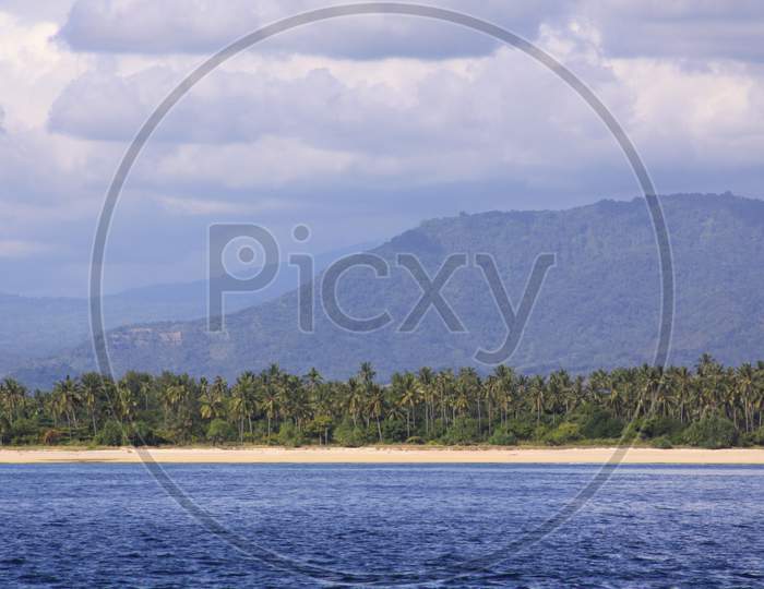 Exotic Beach In Tropical Landscape With Palms