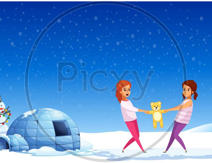 Girls Are Playing With The Toy In The Snow
