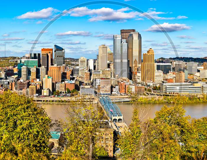 Panorama Of Downtown Pittsburgh With The Monongahela River In Pennsylvania