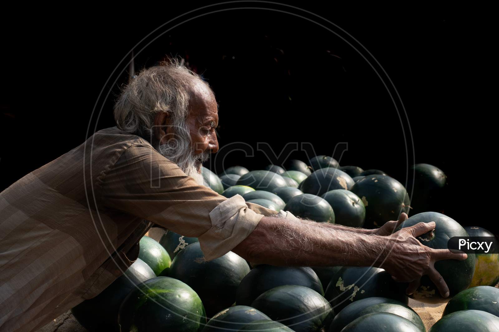 Watermelon Sellers Old Man At A Market In India .