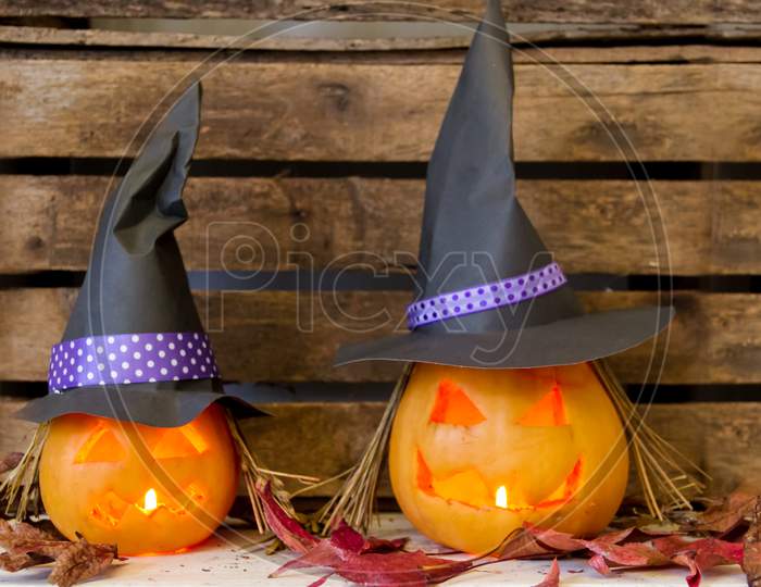 Original Decorations With Pumpkins And Halloween Witch Hats