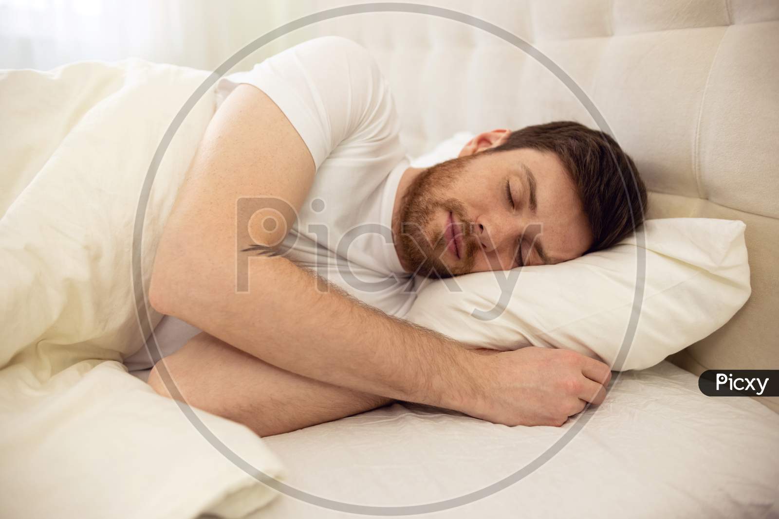 Handsome Man Sleeping Cozily In Bed At Home. Sweet Dreaming. Close Up