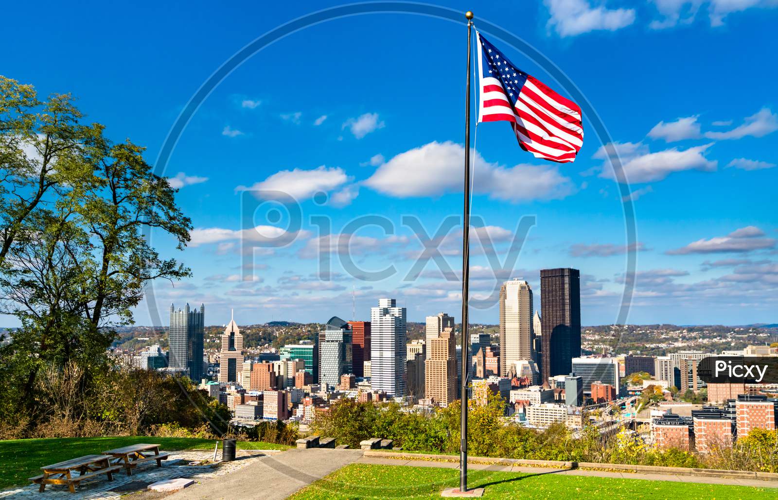 American Flag At Emerald View Park Overlooking Downtown Pittsburgh, Pennsylvania