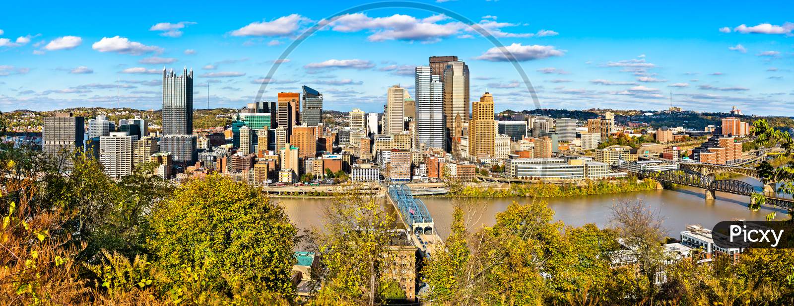 Panorama Of Downtown Pittsburgh With The Monongahela River In Pennsylvania