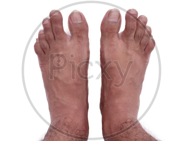 Man Feet selfie Top view on White background Isolated.