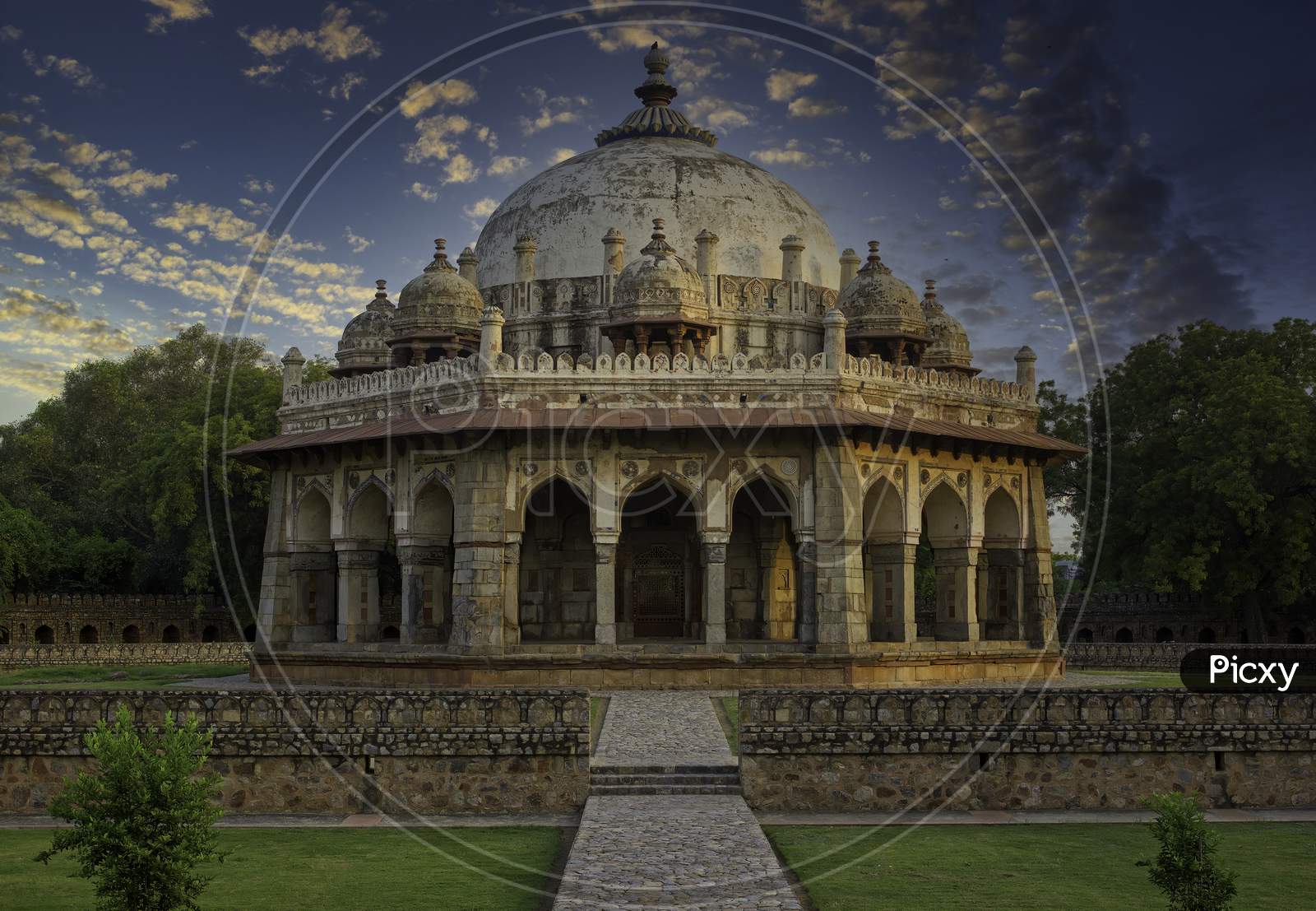 Islamic Architecture Tomb In Lodhi Garden Against Dramatic Sunset Located In New Delhi, India