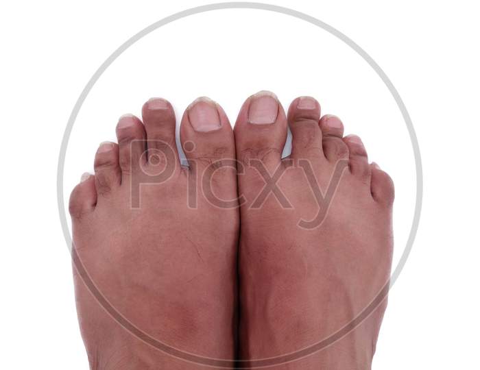 Man feet top view isolated on white background