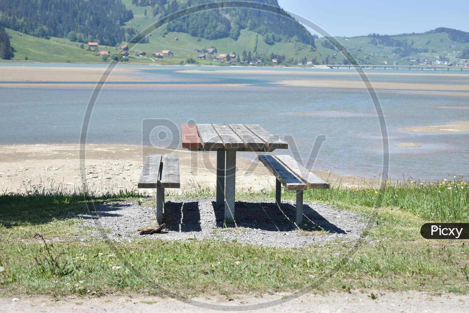 Empty bench at the Sihlsee in Switzerland during corona crisis 18.5.2020