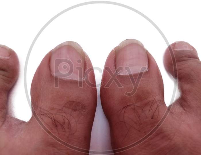 Man feet toes with nails Close-up top view on White background isolated.