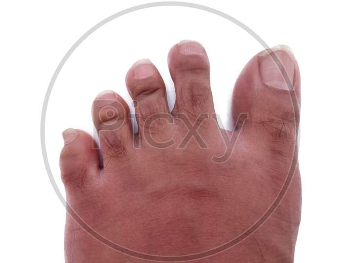 Isolated Man left foot fingers space for air Close-up top view on White background