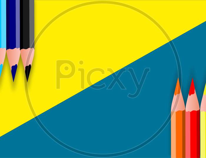 Colorful Pencil With Copy Space Isolated On Blue And Yellow Background. Illustration Graphic Of Pencil Colors Background Art Style Can Be Used In Cover Or Book Design, Poster, Website Background.