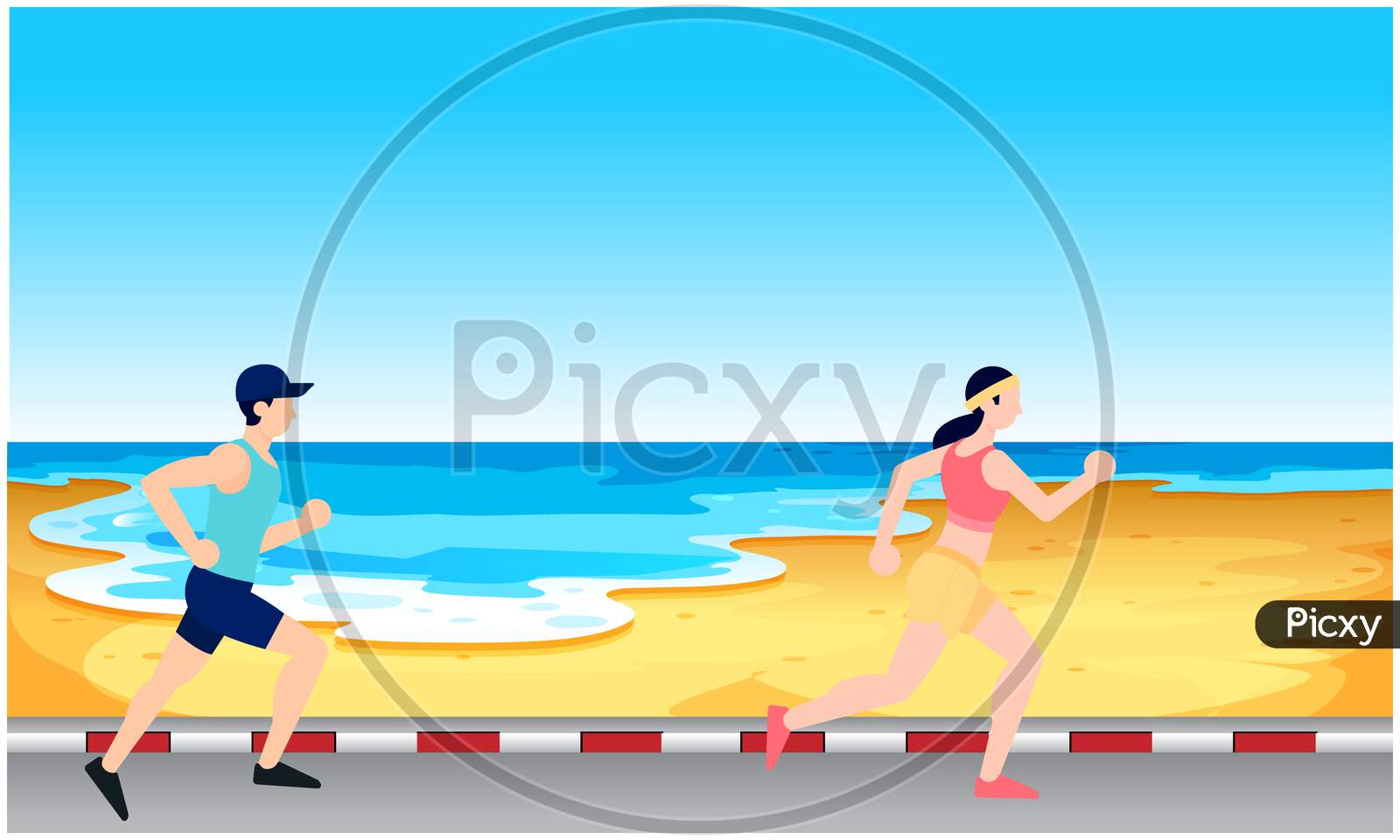 Couple Is Running On The Beach