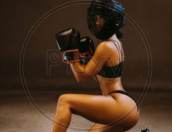 Sexy Woman Fighter In Boxing Gloves And Underwear