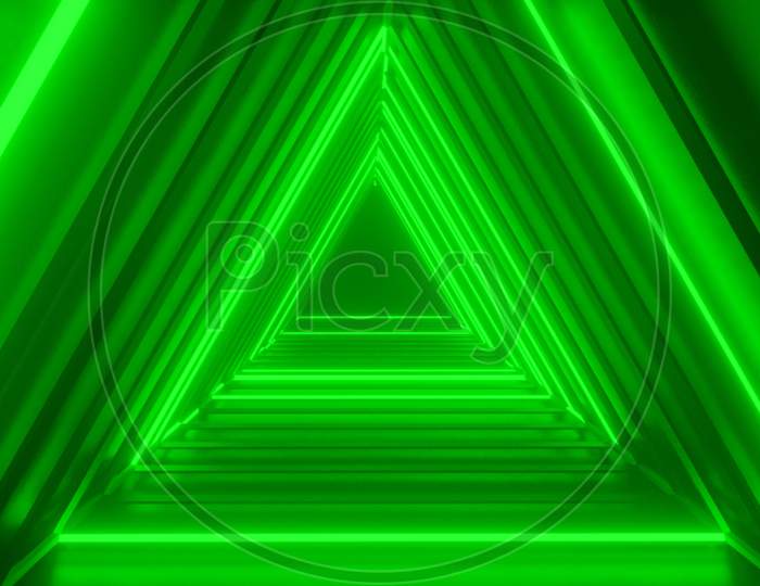 Abstract Green Digital Background With Letter A Shape Neon Tunnel. 3D Render, Laser Show, Night Club Interior Light, Glowing Lines, Abstract Fluorescent Background Corridor.