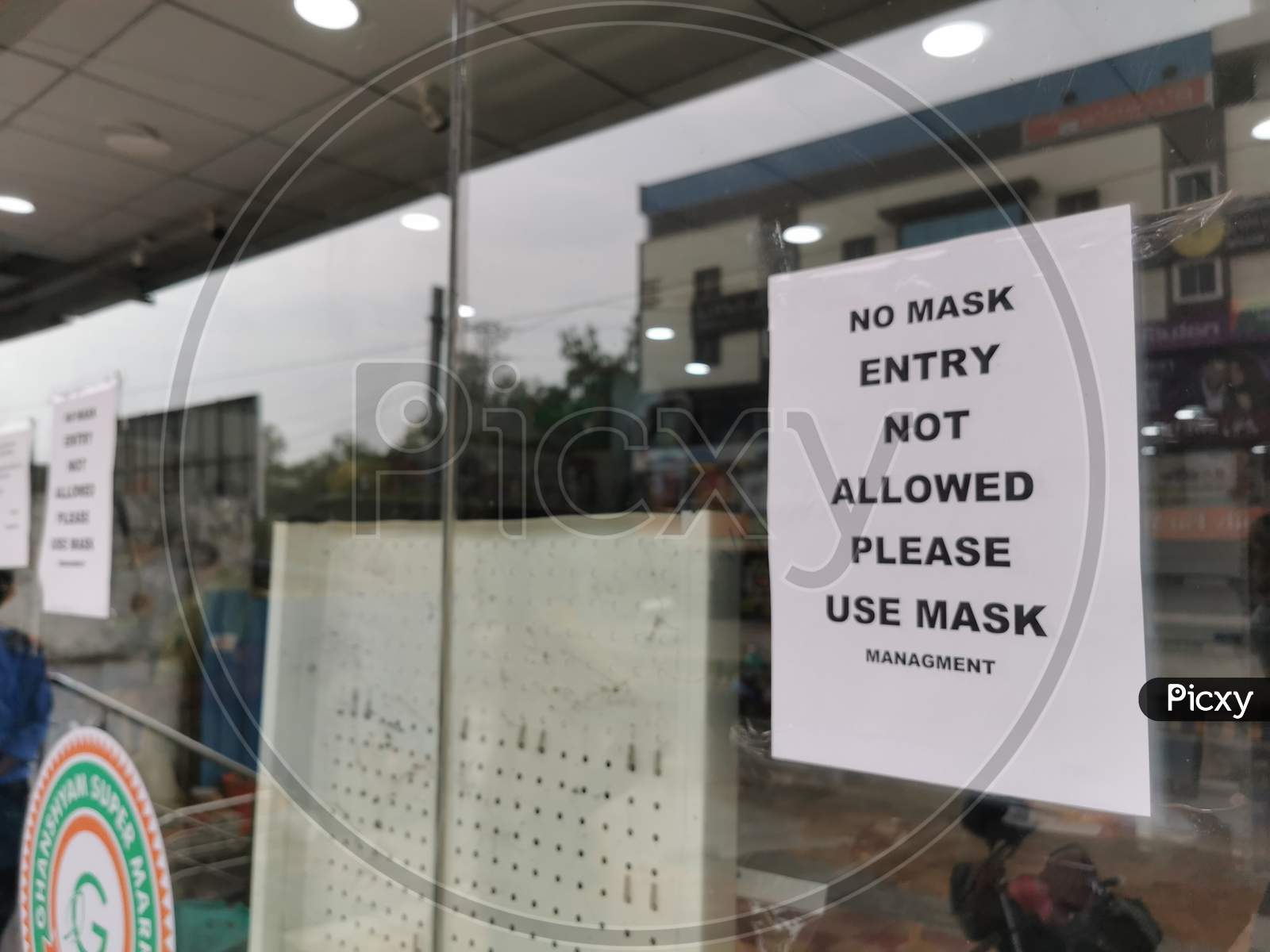 No Mask No Entry Boards at Ghanshyam Supermarket Store
