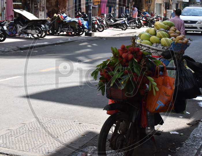 The motorbike with full of local fruits in Da Nang Vietnam