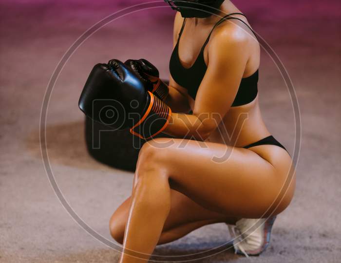 Sexy Woman Fighter In Boxing Gloves And Underwear