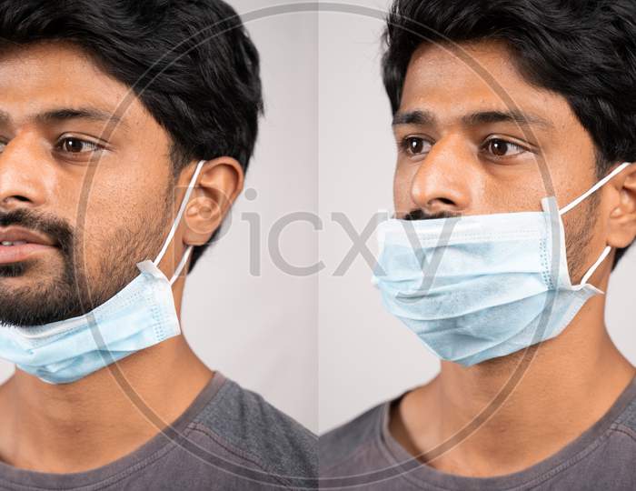 Collage Of Young Man In Improper Way Of Using Medical Face Masks - Awareness Concept To Ware Mask, To Protect From Coronavirus Or Covid-19 Pandemic