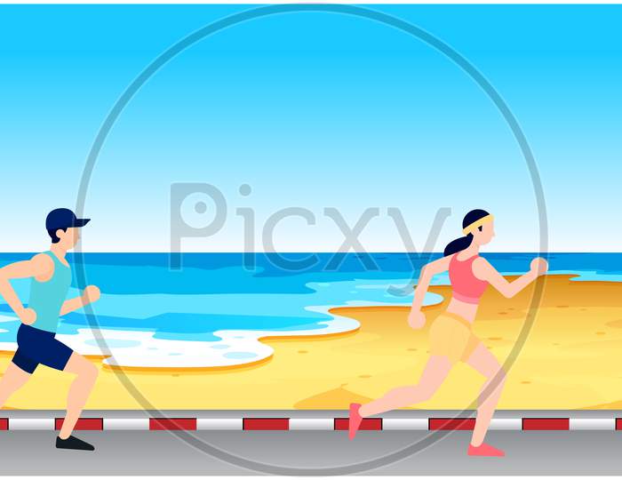 Couple Is Running On The Beach