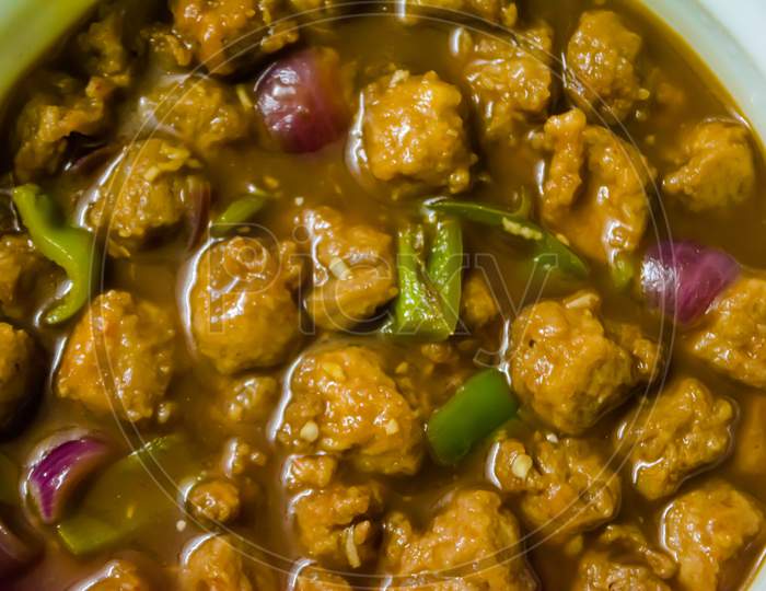 soya manchurian, Veg Manchurian with gravy, Popular street food of India, selective focus