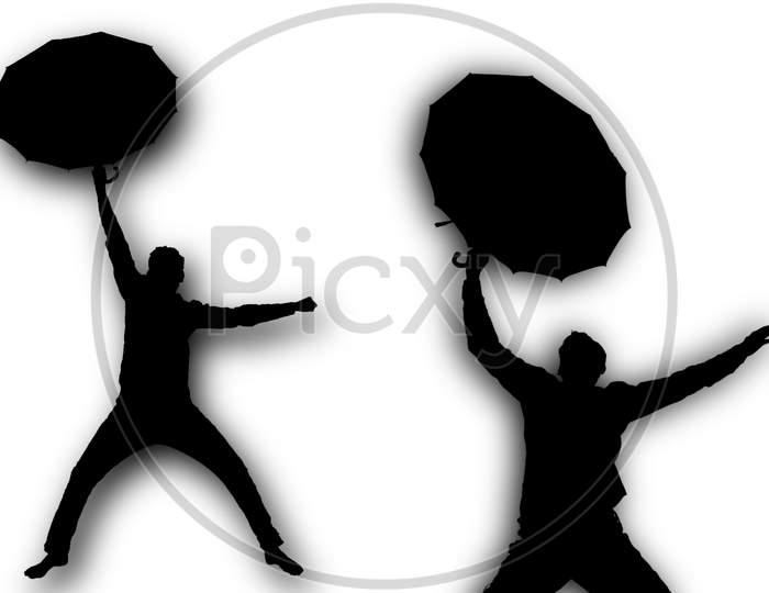 Silhouette Happy Man Jump With Holding Open Umbrella Isolated White Background