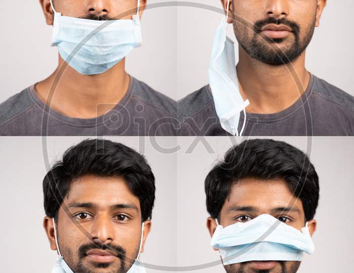 Collage Of Young Man In Improperly Using Surgical Face Masks - Awareness, Safety Concept To Ware Mask Properly, To Protect From Coronavirus Or Covid-19 Outbreak