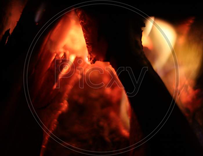 Close up shot of burning firewood,texture