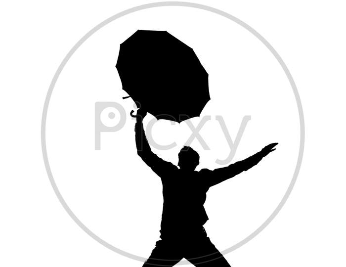 Silhouette Happy Man Jump With Holding Open Umbrella Isolated White Background