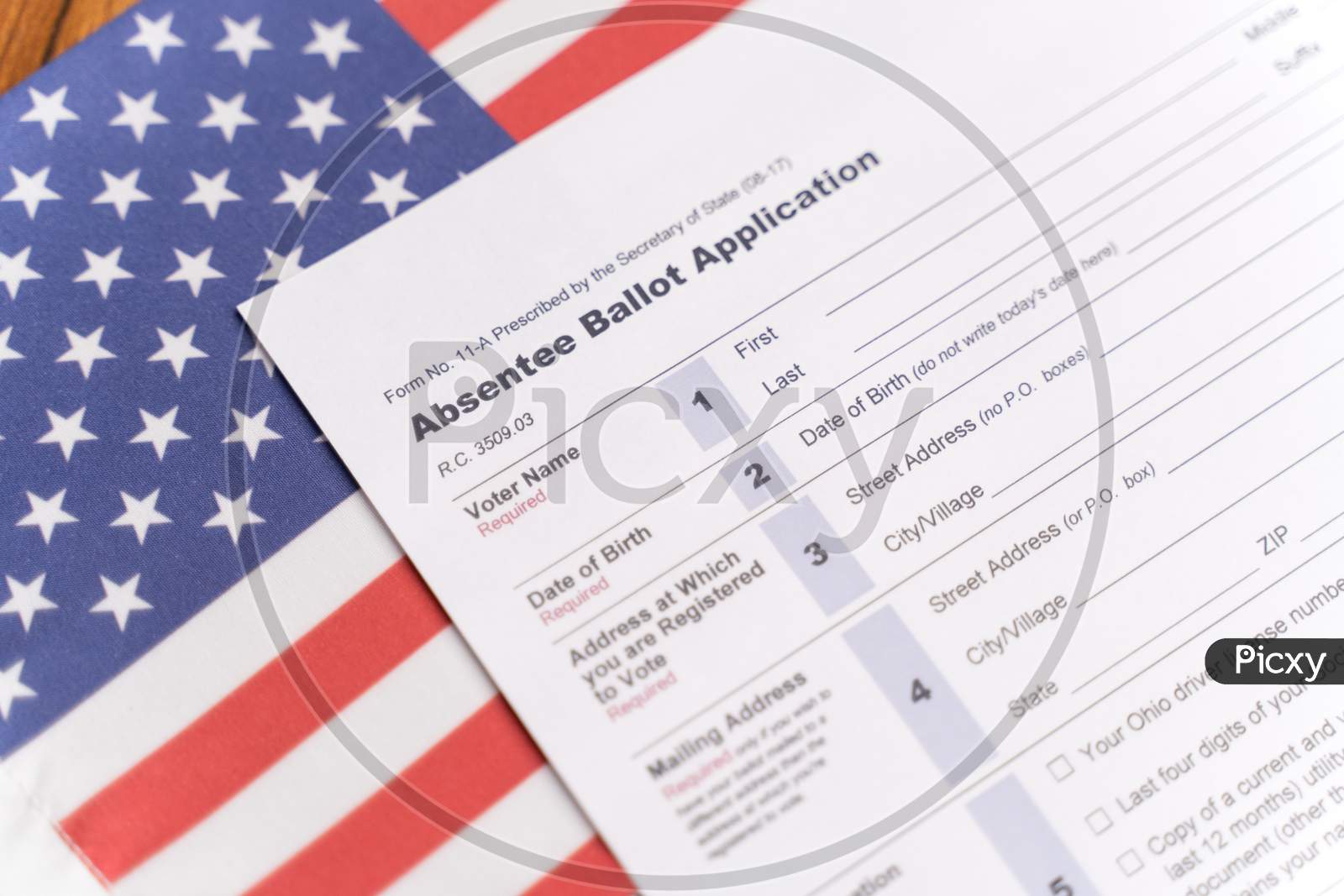 Maski, India - 23, June 2020 : Absentee Ballot Application On Us Flag For American Presidential Elections
