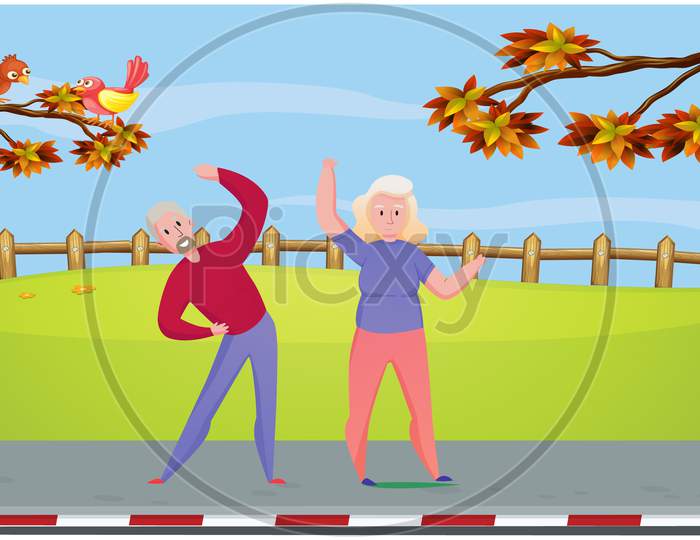 Old Couple Is Doing Exercise In The Garden