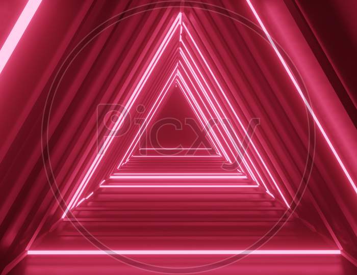 Abstract Digital Background With Letter A Shape Neon Tunnel. 3D Render, Laser Show, Night Club Interior Light, Glowing Lines, Abstract Fluorescent Background Corridor.