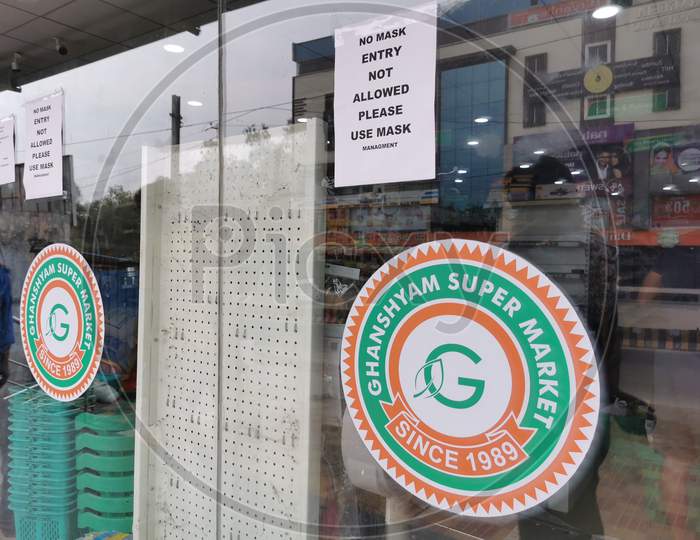 No Mask No Entry Boards at Ghanshyam Supermarket Store