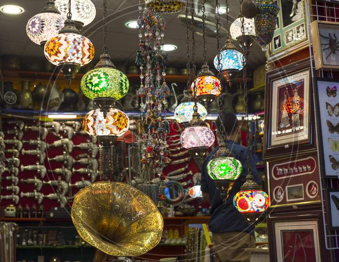 Arabian handmade hand-painted lamps in a market or souq