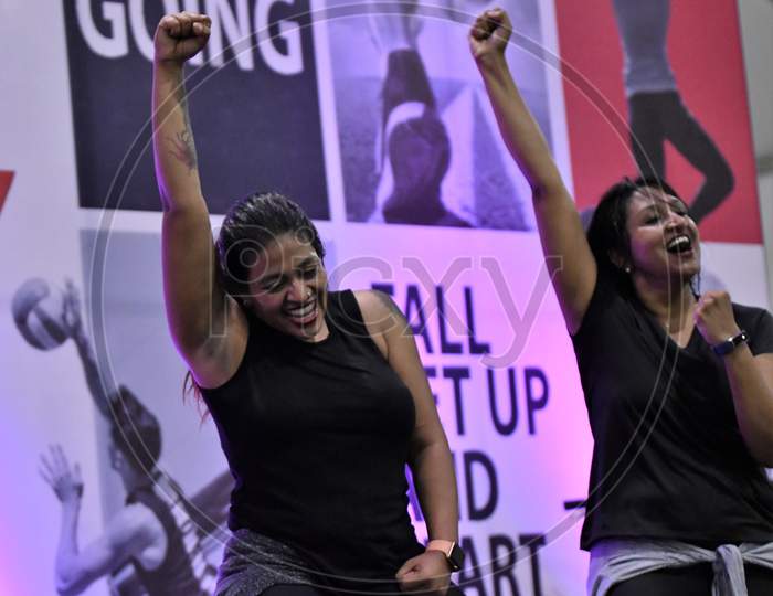 17 may 2019 ,passion fitness zumba members performs zumba during Manorama SportOn at the Jawaharlal Nehru International Stadium at Kaloor in Kochi,Corporate yoga pose