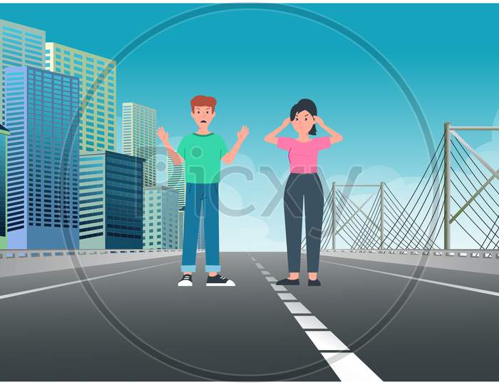 Couple Is Walking On The Road