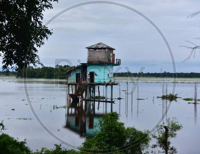 A Submerged Watch Tower In Flooded Kaziranga National Park In Assam on June 26, 2020.