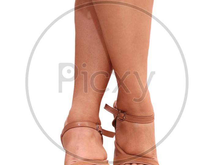Indian Girl leg with belt Sandals With White Background