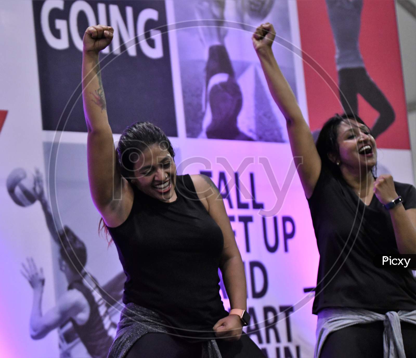 17 may 2019 ,passion fitness zumba members performs zumba during Manorama SportOn at the Jawaharlal Nehru International Stadium at Kaloor in Kochi,Corporate yoga pose
